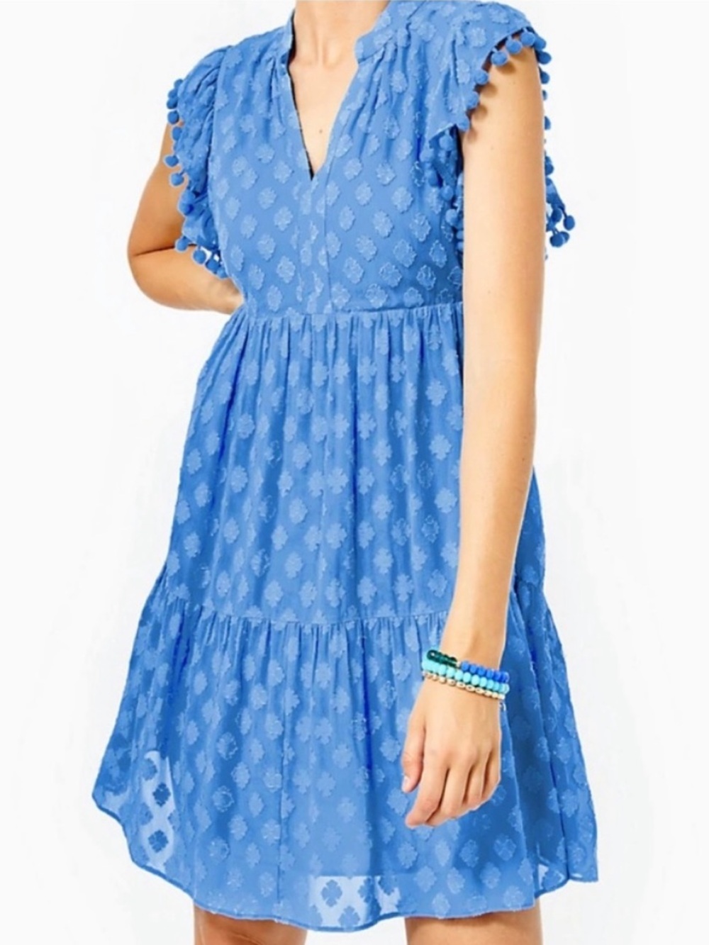 Lilly Pulitzer Arleah Pom Pom Mini Dress in Blue Thistle Daiquiri Ditsy Size 14